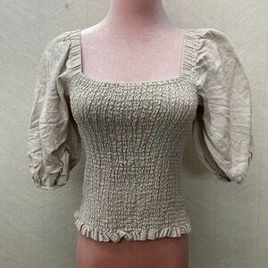 525 America Linen Beige Puff Sleeve Smocked Blouse Top Womens Size M